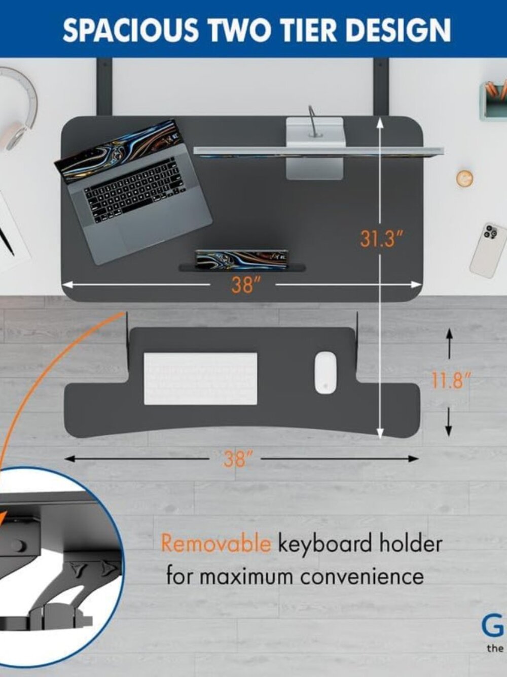 38″ Wide Standing Desk Converter – Sit-to-Stand Workstation for Dual Monitors, H - Picture 7 of 8